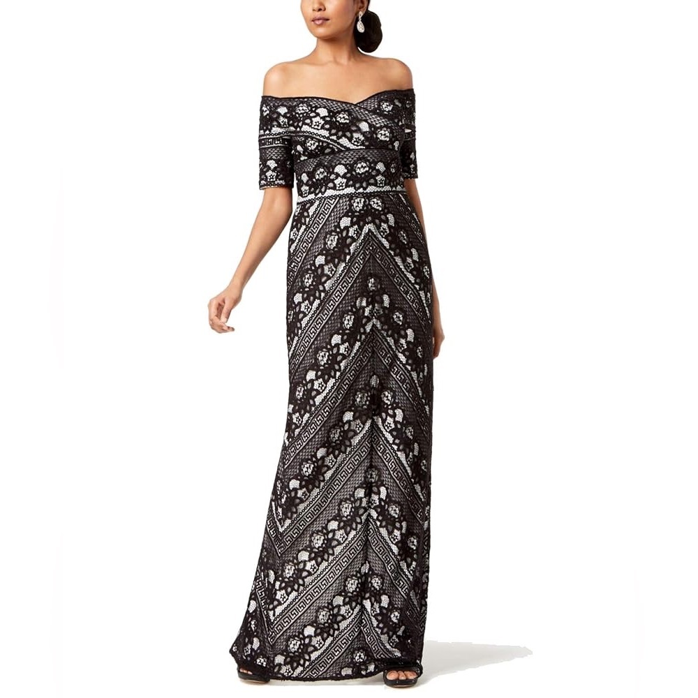 Adrianna Papell Black and White Lace maxi evening cocktail Dress size 4